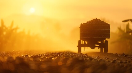 Horse drawn cart on dusty road at sunset