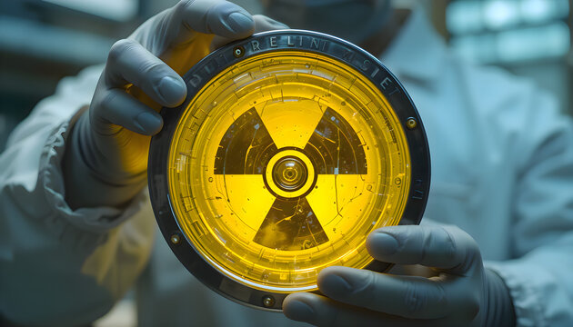 Close-up of nuclear warning symbol inside a transparent yellow shield, held by a researcher in sterile protective suit.