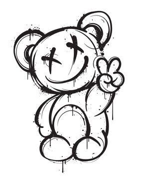 Graffiti style teddy bear design. This artwork depicts a teddy bear in a gritty, expressive style, using bold, dripping lines and ink splatters to give it a rebellious, urban feel.