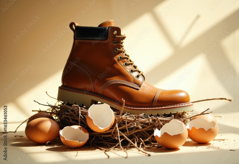 Poster close-up of a brown leather boot placed on a nest with broken eggshells and eggs around it