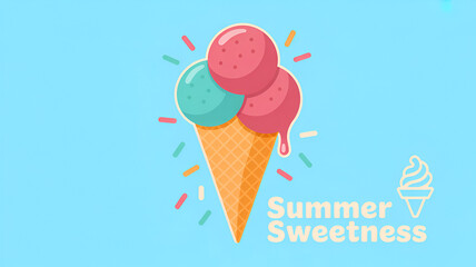 Colorful summer sweetness ice cream cone with three scoops on a blue background