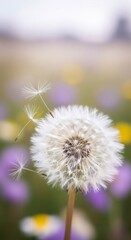 Naklejka premium Close up of a dandelion clock with seeds dispersing in the air. Nature and spring beauty concept for seasonal design.