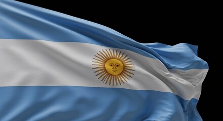 Argentina national flag, a patriotic symbol waving in the wind with the Sun of May, on a black background