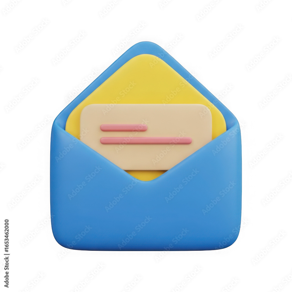 Poster open blue envelope with a yellow interior and a card with red text isolated on transparent backgroun