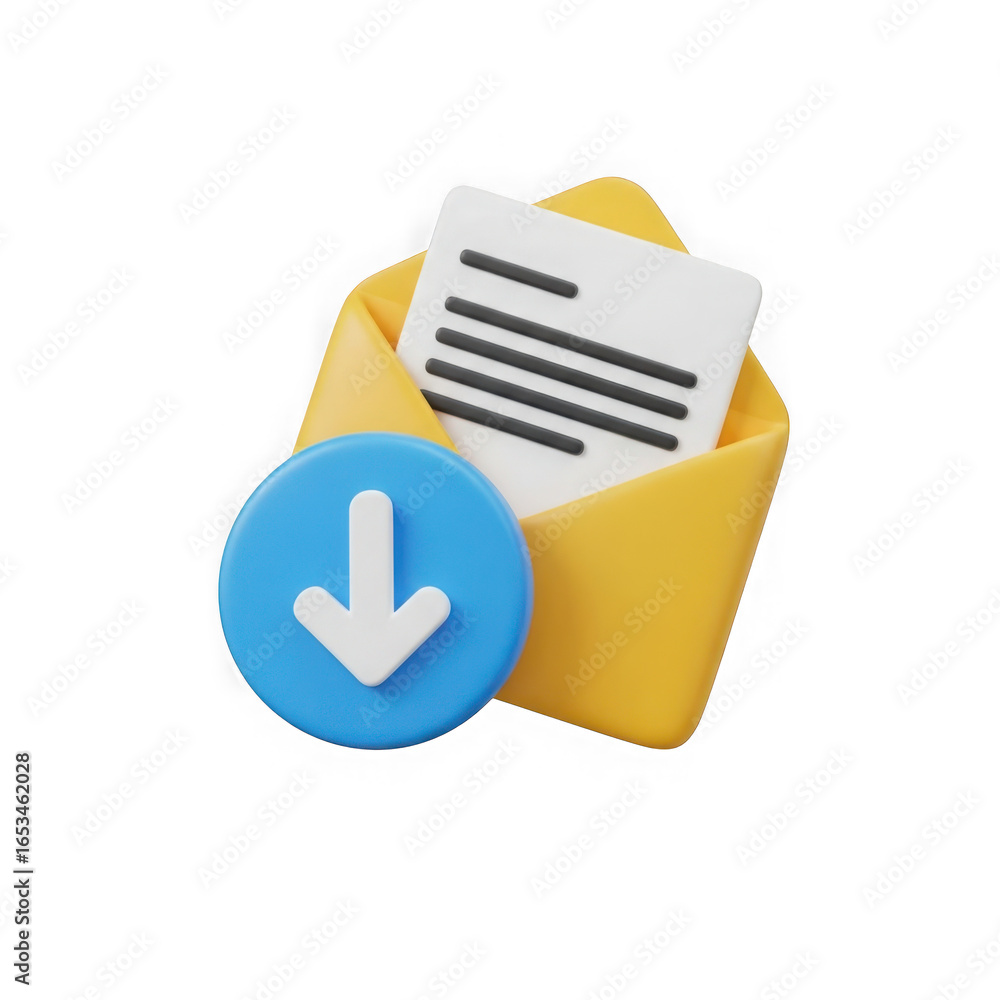 Aufkleber 3d rendering of an open yellow envelope with a document and a blue download icon isolated on transpa