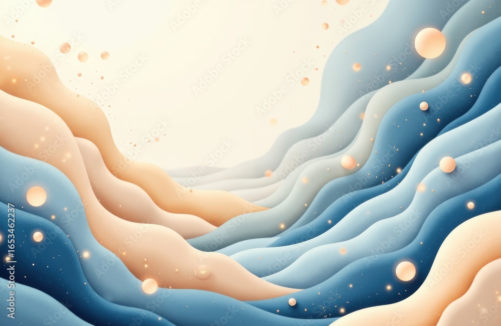 Poster flowing abstract waves in soft pastel shades with floating spheres creating a calming atmosphere