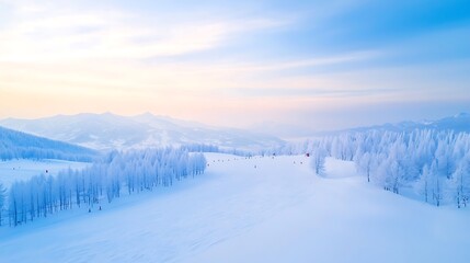 Serene winter landscape with snow covered trees and soft sky