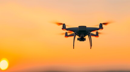 Drone flying against a vibrant sunset sky