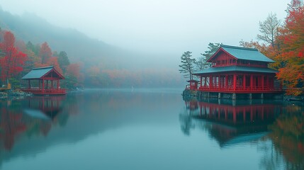 Obraz premium Red buildings on water surrounded by autumn foliage and fog.