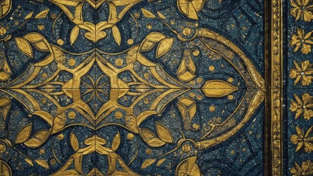 Intricate golden floral pattern on a dark background with symmetrical design and ornate details