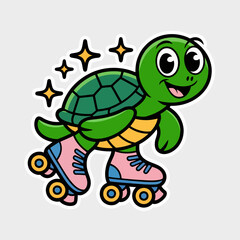 Cartoon turtle on roller skates with stars isolated on white background, a cute and cheerful animal character skating with speed and fun in a playful retro style design