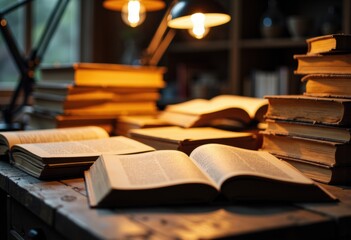 Open books and stacked notebooks on a wooden desk illuminated by warm ambient lighting