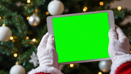 Santa Claus holds a tablet with a green screen, ready for holiday content against a festive Christmas tree.