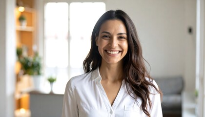 Smiling woman in white shirt