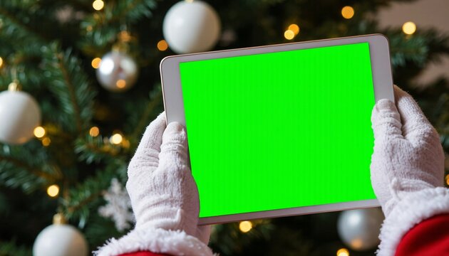 Santa Claus holds a tablet with a green screen, ready for holiday content against a festive Christmas tree.