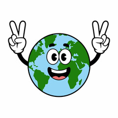 Cartoon earth globe character with a happy face, arms, and hands making peace signs, isolated on white background, a fun and friendly illustration for global unity and positivity