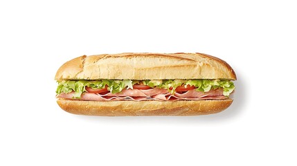Delicious ham and lettuce sub sandwich on a white background