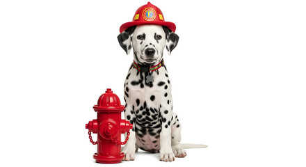 A dalmatian dog dressed as a firefighter sits beside a fire hydrant, looking ready for action. The dalmatian wears a helmet, and the scene is charming and playful