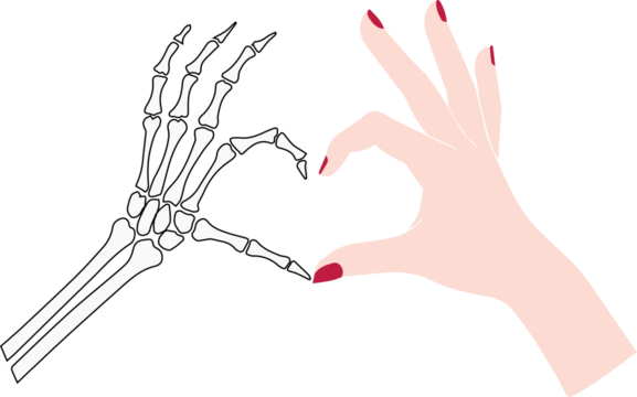 Spooky cute love story hands Halloween design, a human hand and a skeleton hand forming a heart shape for a unique and playful take on love, perfect for seasonal graphics and designs