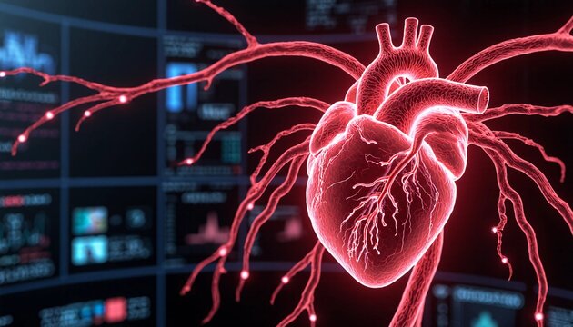 Red glowing human heart model with blood vessels on a dark scientific interface