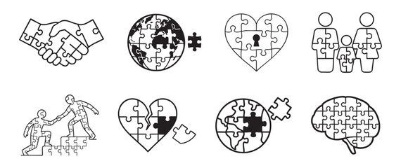 Black outline of puzzle piece icons set featuring earth, heart, family, brain on white background. concept of unity, connection, teamwork, compassion, global understanding, support