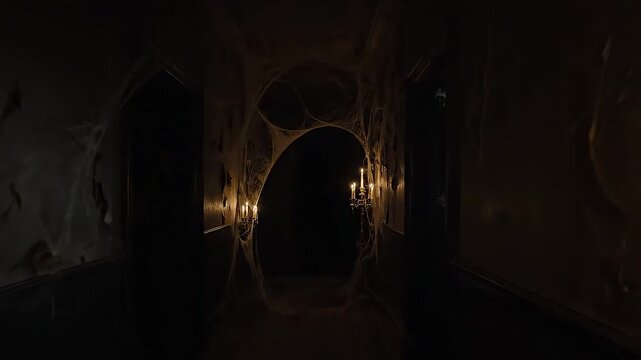 A terrifyingly dark corridor completely engulfed in thick, ancient cobwebs, lit by a distant, faint light.