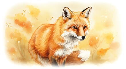 Fototapeta premium Serene Watercolor Red Fox Portrait: Autumnal Hues, Peaceful Mood, Wildlife Art