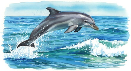 Fototapeta premium Watercolor Dolphin Leaping: Vibrant Ocean Scene, Joyful Marine Life, Aquatic Wildlife Illustration.