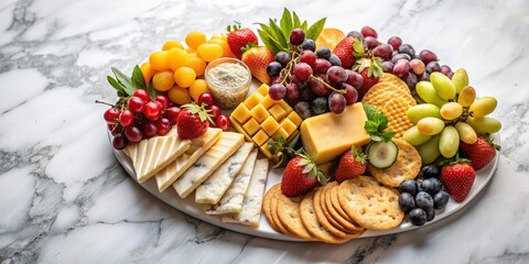 Luxurious fruit arrangement on a marble platter with assorted cheeses and crackers , elegant, fruit