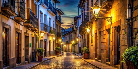 Obraz premium Coberta Street at Night with Lanterns and Buildings, building facades, architecture, building facades