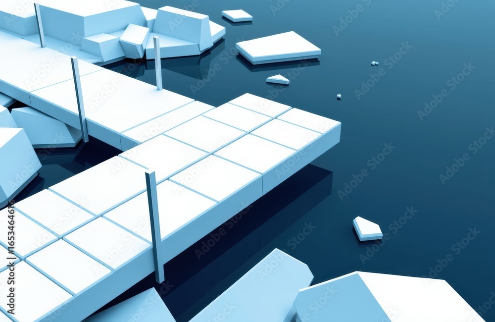 Poster a modern abstract scene featuring a broken white tile pathway with scattered tiles and debris on a r