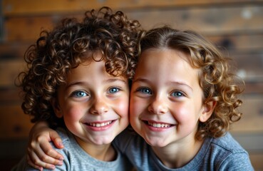 Two smiling children with curly hair sharing a joyful moment together