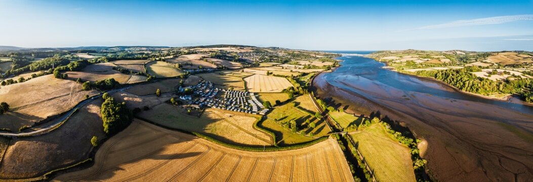 Farms and Fields over River Teign and Teignmouth Road from drone, Newton Abbot, Devon, England	