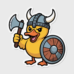 Cartoon duck viking warrior with axe and shield isolated on white background, a cute and funny character illustration for kids and adults alike, perfect for stickers and designs