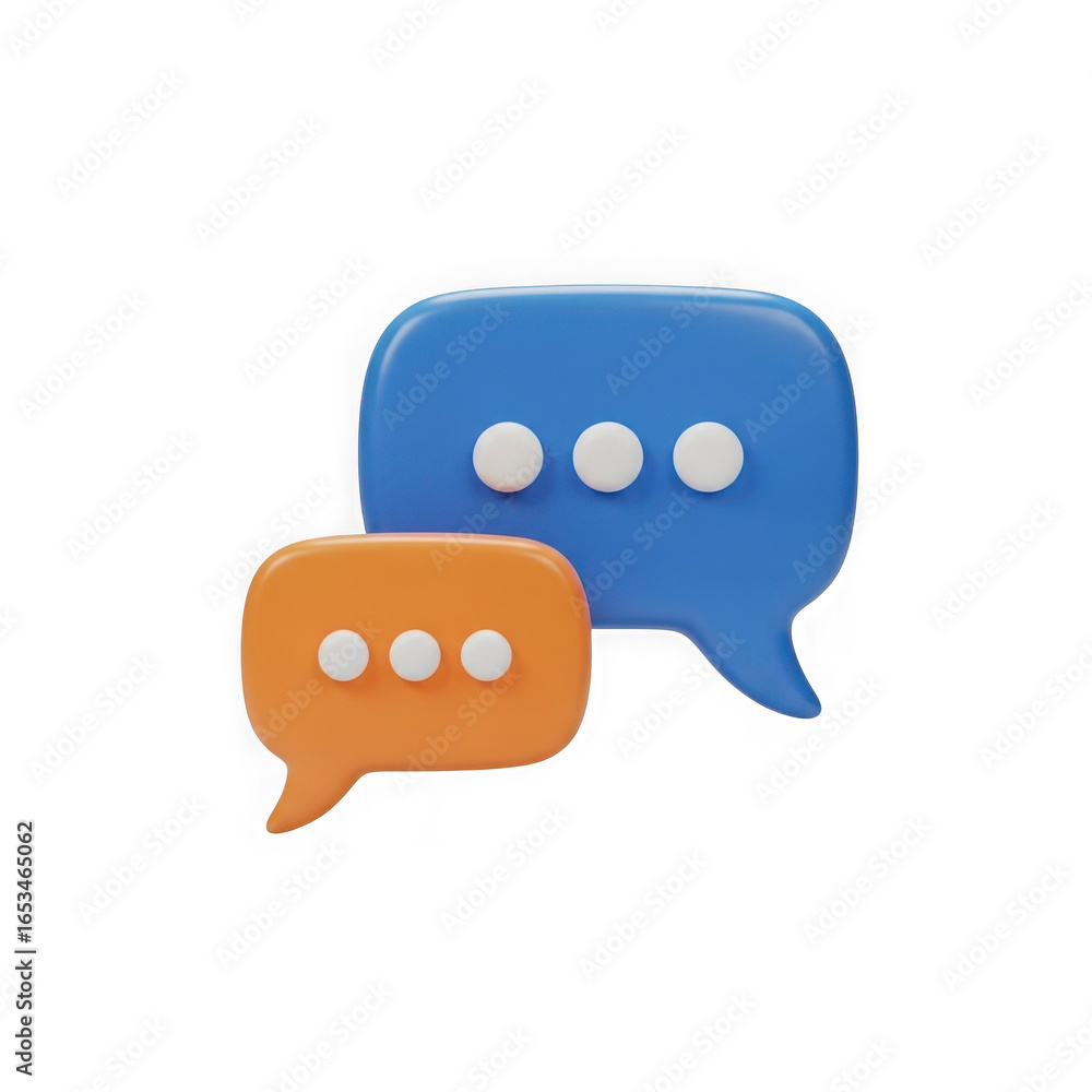 Poster two 3d rendered speech bubbles in blue and orange with white dots isolated on transparent background