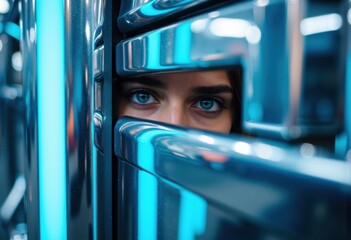 Woman with blue eyes peeks through metallic server racks in a data center