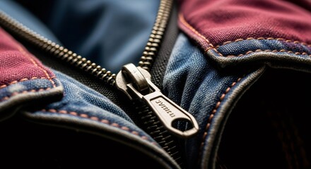 Close up of a metallic zipper on blue jeans fabric with red and orange stitching. Textile and fashion macro detail for sewing blog.