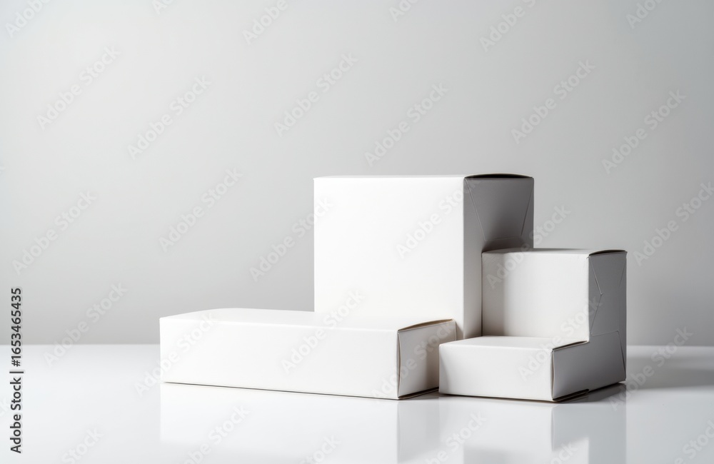 Poster Minimalist white display blocks arranged on a reflective surface with a plain light gray background