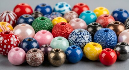 Colorful, textured craft beads for jewelry making and children's creative projects. Assorted sizes and patterns arranged on a grey background.