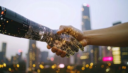 Futuristic handshake between a robot and human arm over a city skyline