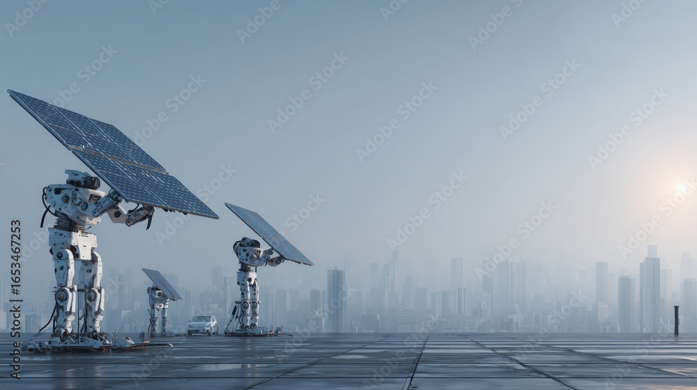 Poster robots with solar and ev systems futuristic robots holding solar panels in a cityscape under a clear