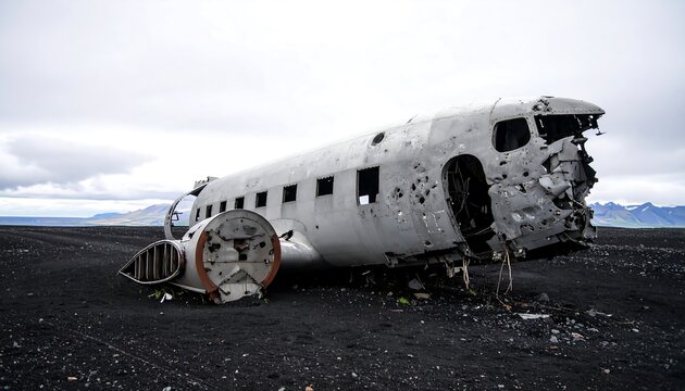 Damaged airplane wreck on black sand - Powered by Adobe