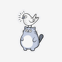 A cat with a bird on its head is depicted in a cartoon illustration isolated on white background, showcasing a cute and funny design, symbolizing friendship and harmony