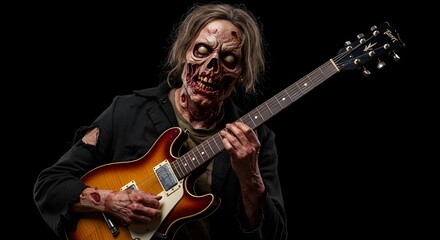 Obraz premium A zombie musician holding a guitar, photographed in medium close-up with dramatic lighting, isolated for easy editing
