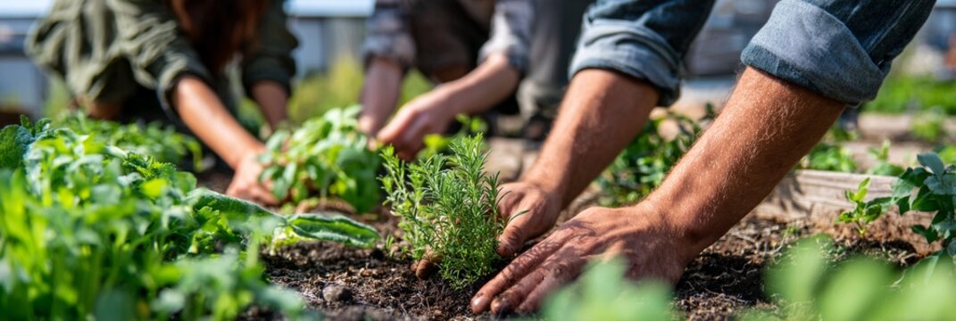 Community gardeners collaboratively nurture green plants, carefully planting and tending herbs and vegetables in a shared urban garden space with dedication and teamwork.