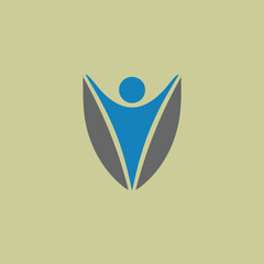 green shield logo with human figure and leaf shapes, wellness protection emblem for eco health brand, vector design