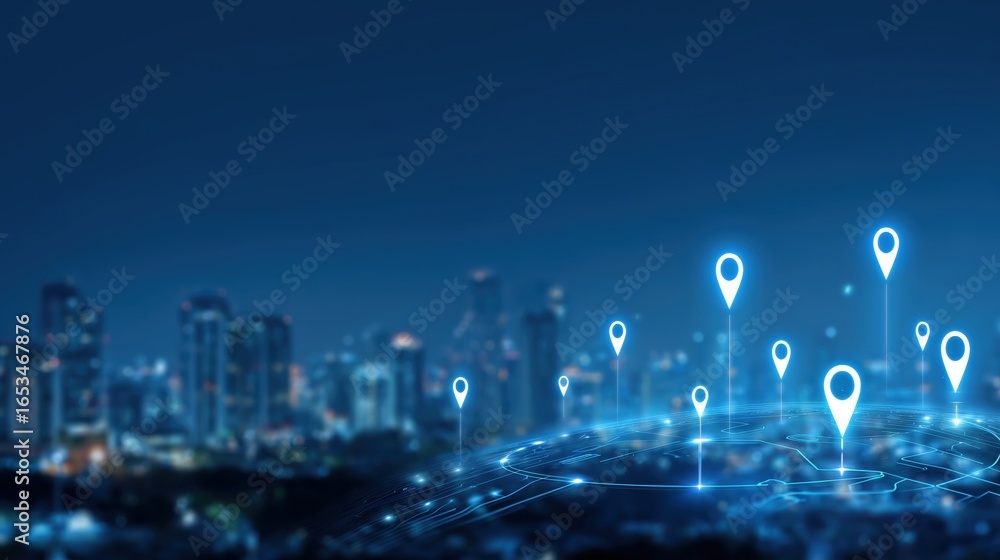 Poster digital map with pinpoints of ev charger urban skyline with digital location markers, representing t