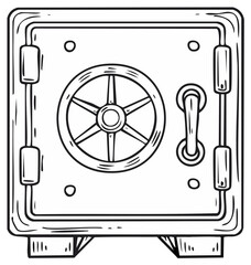 Hand Drawn Black Outline Safe Box Security Vault with Dial and Handle