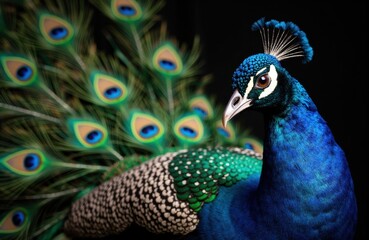 Vivid peacock displaying its colorful tail feathers with detailed plumage and striking blue and green hues