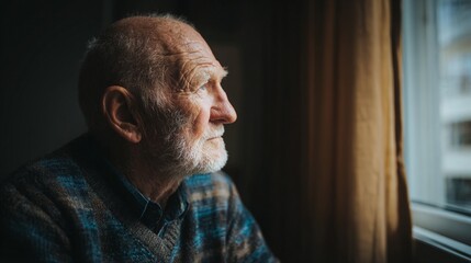 Contemplative elderly man in a patterned sweater gazing pensively out a window, capturing the quiet introspection of advanced years and life's reflective moments